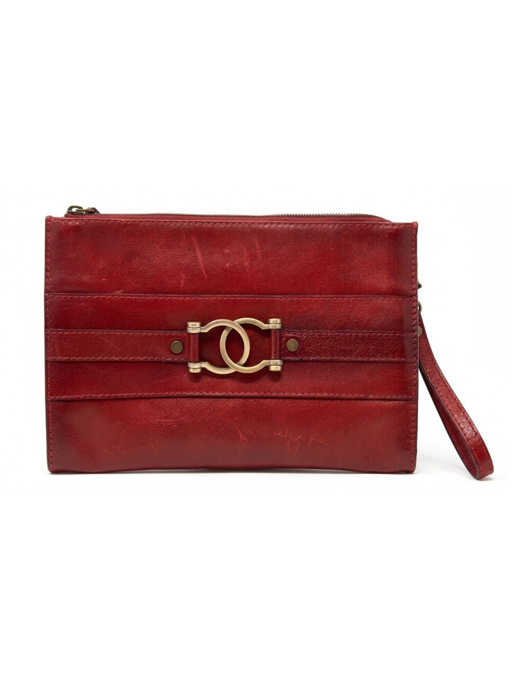 Pratesi Firenze Red Leather Clutch Wristlet Made In Italy Horsebit Buckle Bag
